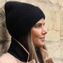 POM Charcoal Black Lurex Ribbed Knit Sequin Beanie Hat