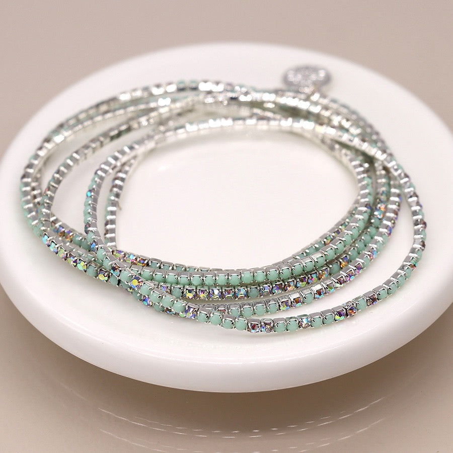 POM Faux Silver Plated Pastel Blue Mix Multi Crystal 5 Bracelet Stack