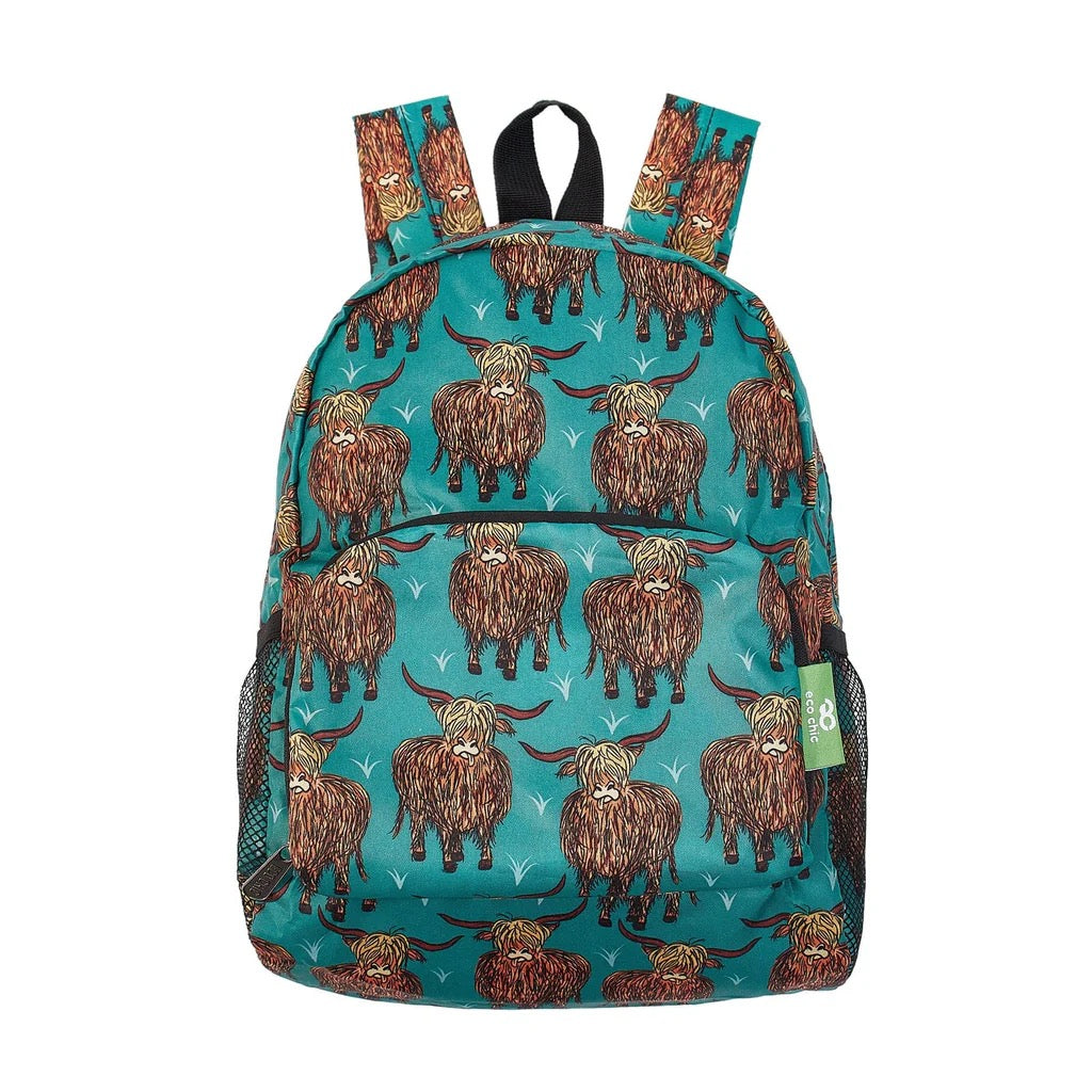 Eco Chic - Highland Cow - Print Lightweight Foldable Mini Backpack Bag - Teal