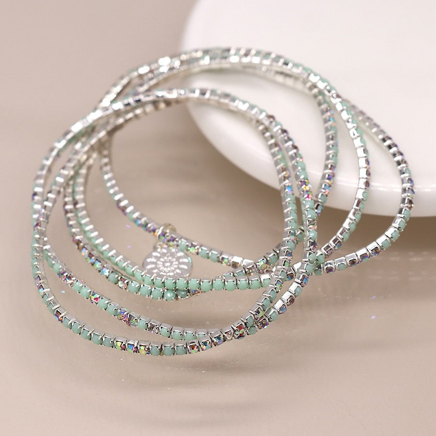 POM Faux Silver Plated Pastel Blue Mix Multi Crystal 5 Bracelet Stack