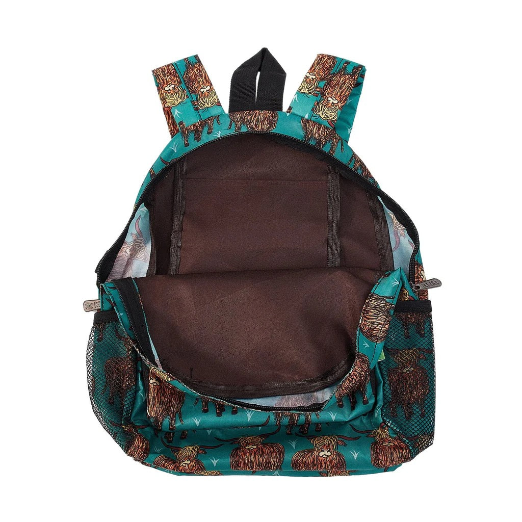 Eco Chic - Highland Cow - Print Lightweight Foldable Mini Backpack Bag - Teal
