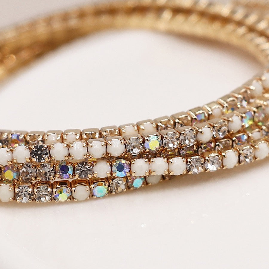 POM Faux Gold Plated White/AB Multi Crystal 5 Bracelet Stack