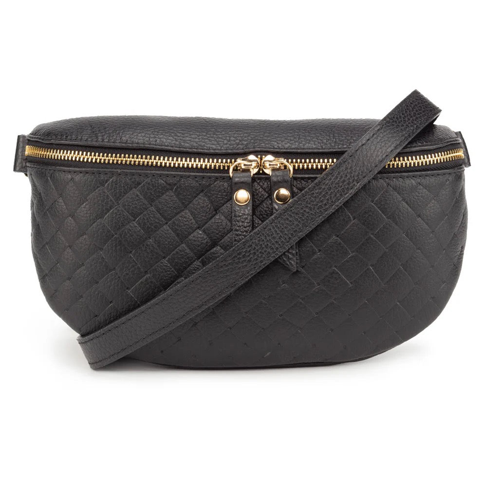 Elie Beaumont Designer Leather Woven Quilted Sling Crossbody Bag - Black (GOLD Fittings)