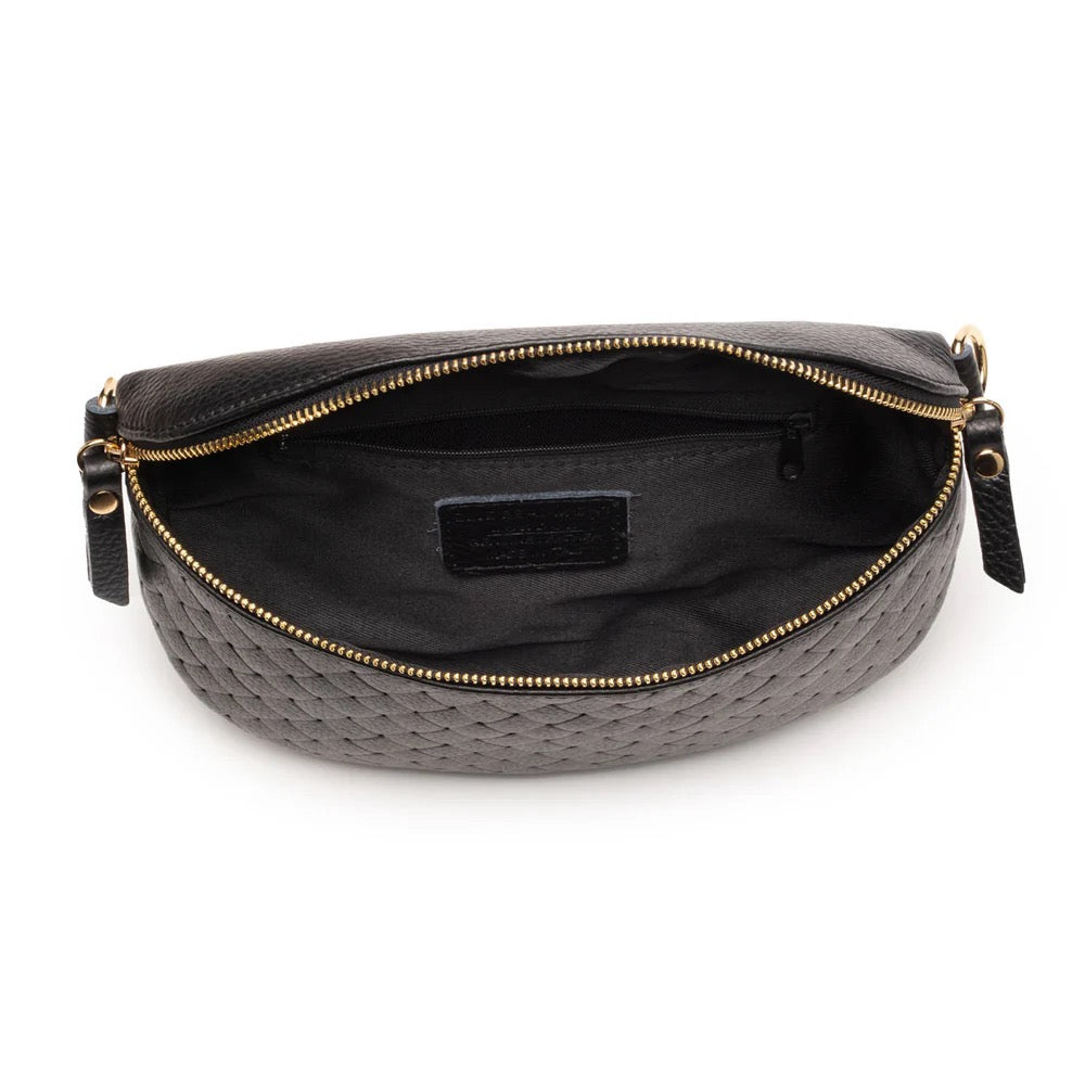 Elie Beaumont Designer Leather Woven Quilted Sling Crossbody Bag - Black (GOLD Fittings)