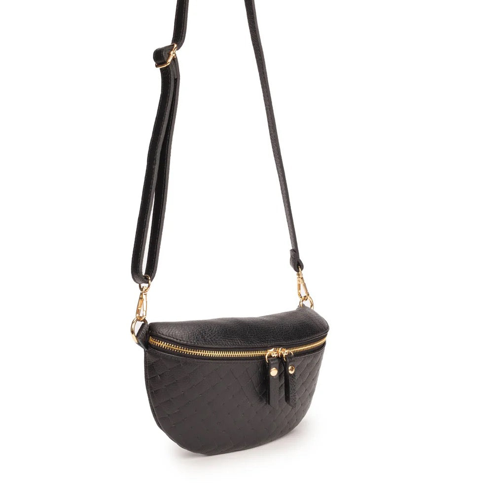 Elie Beaumont Designer Leather Woven Quilted Sling Crossbody Bag - Black (GOLD Fittings)