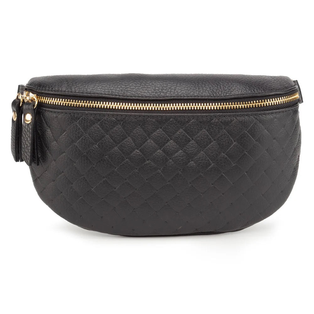 Elie Beaumont Designer Leather Woven Quilted Sling Crossbody Bag - Black (GOLD Fittings)
