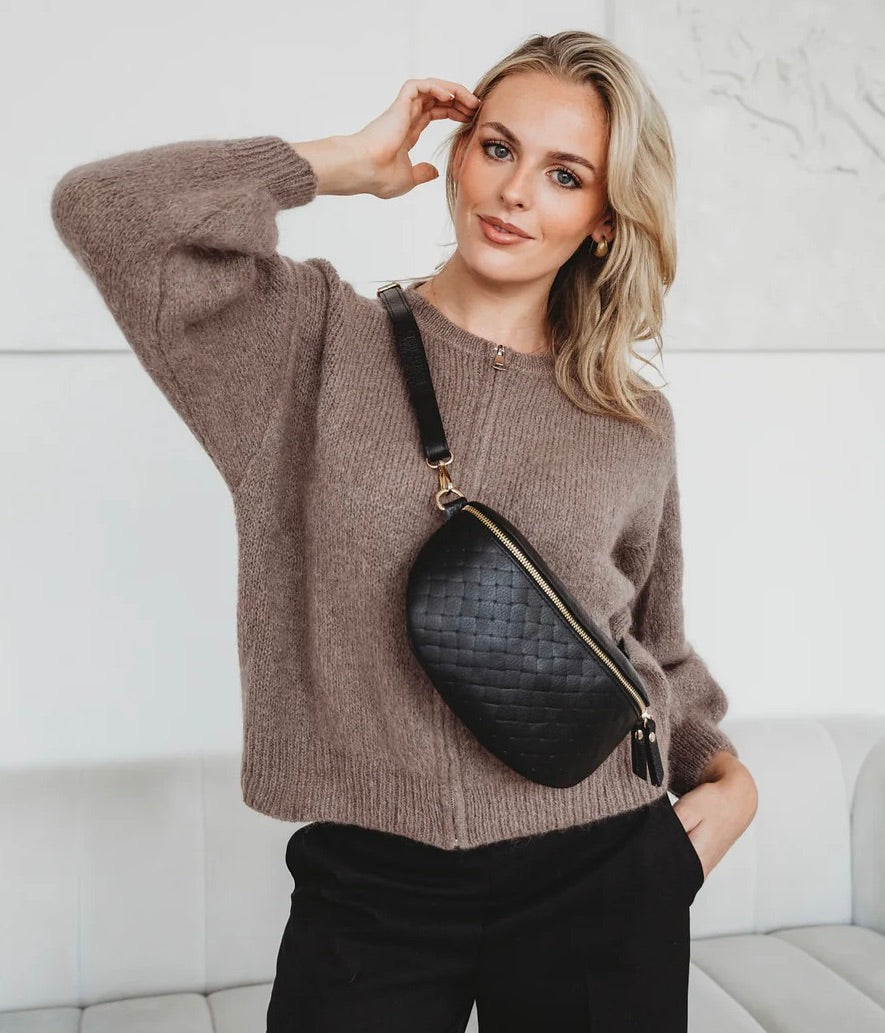 Elie Beaumont Designer Leather Woven Quilted Sling Crossbody Bag - Black (GOLD Fittings)