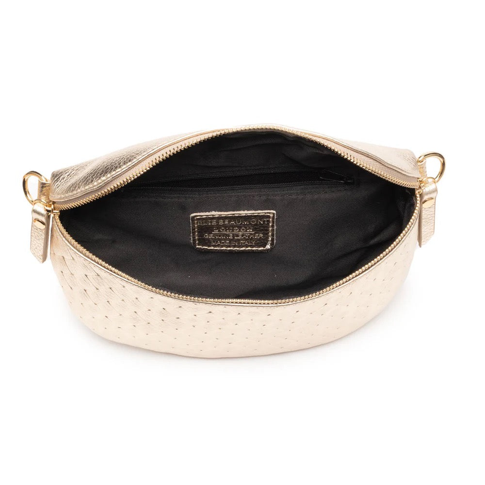 Elie Beaumont Designer Leather Woven Quilted Sling Crossbody Bag - Metallic Gold (GOLD Fittings)