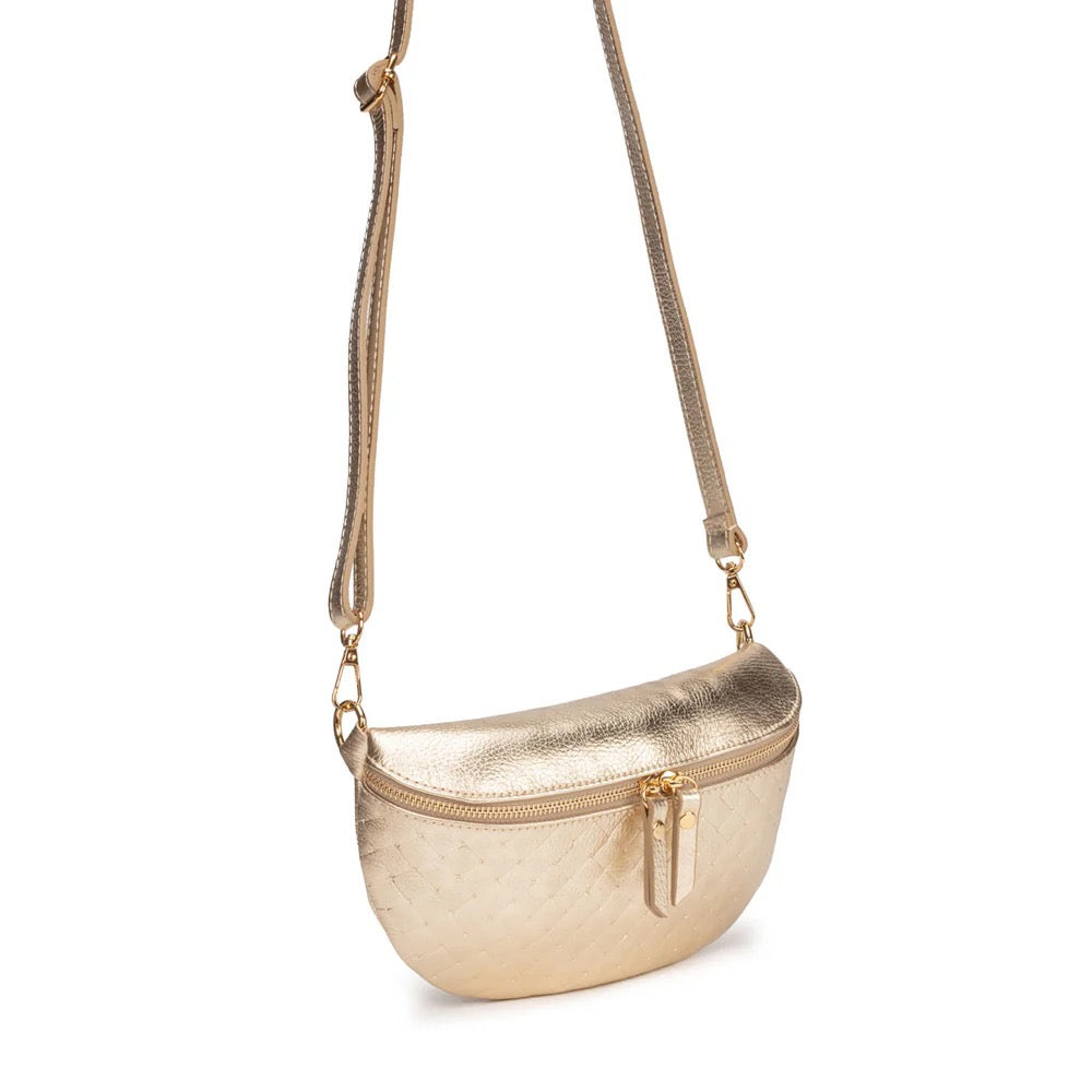 Elie Beaumont Designer Leather Woven Quilted Sling Crossbody Bag - Metallic Gold (GOLD Fittings)