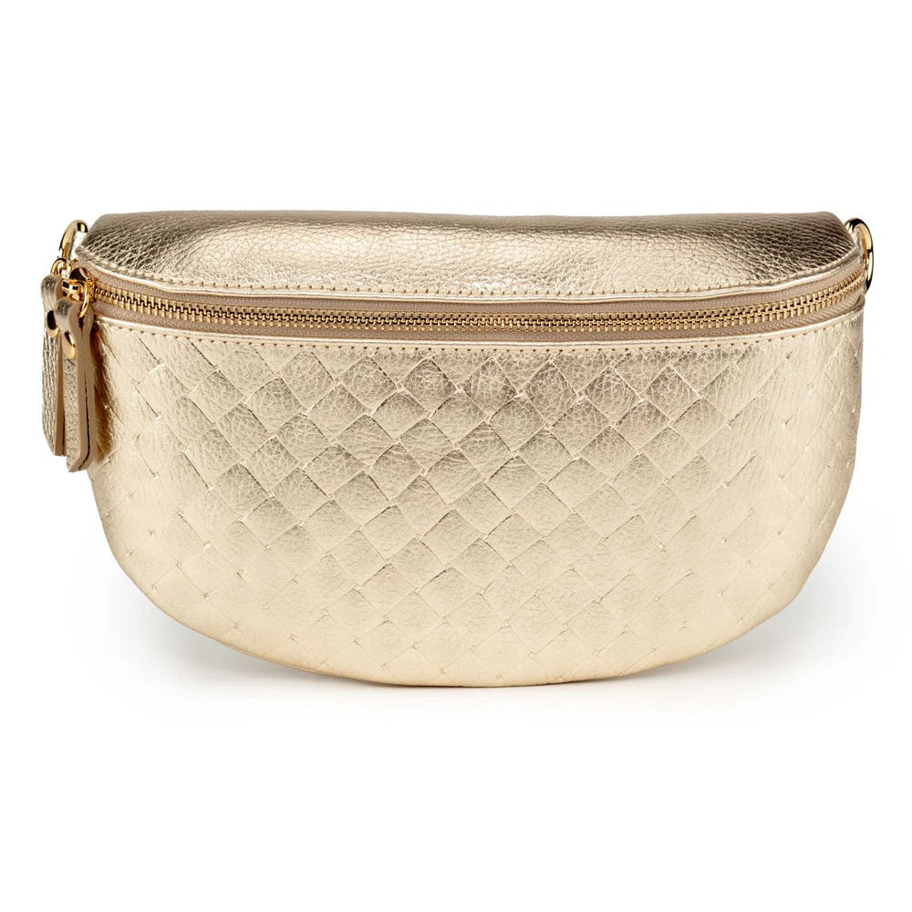 Elie Beaumont Designer Leather Woven Quilted Sling Crossbody Bag - Metallic Gold (GOLD Fittings)