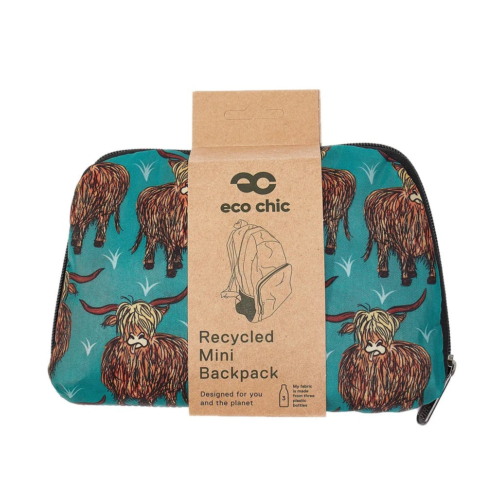 Eco Chic - Highland Cow - Print Lightweight Foldable Mini Backpack Bag - Teal