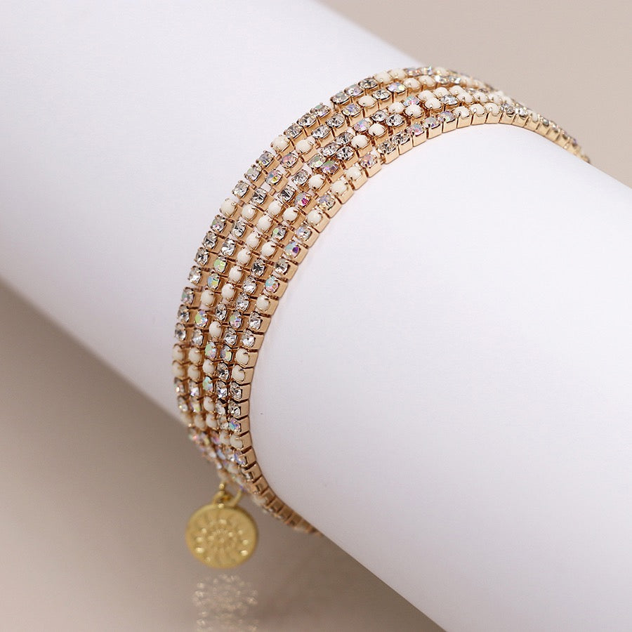 POM Faux Gold Plated White/AB Multi Crystal 5 Bracelet Stack