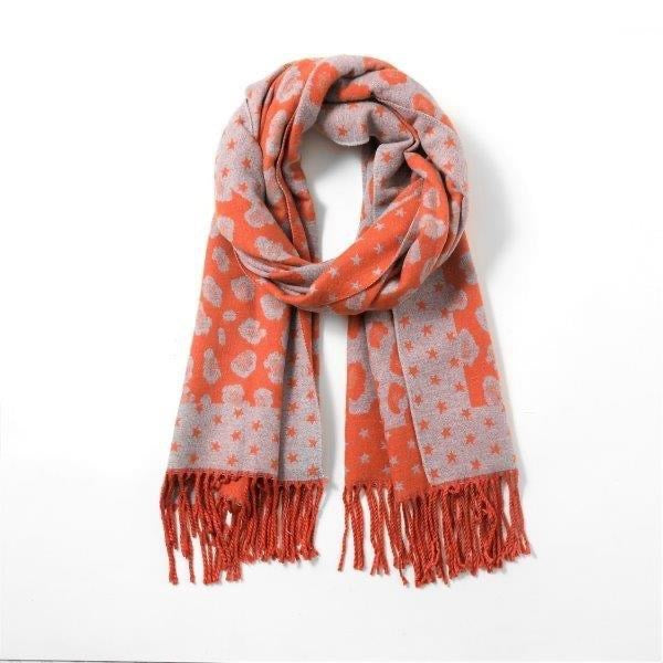Orange Leopard & Star Reversible Tassel Scarf - Cashmere Blend