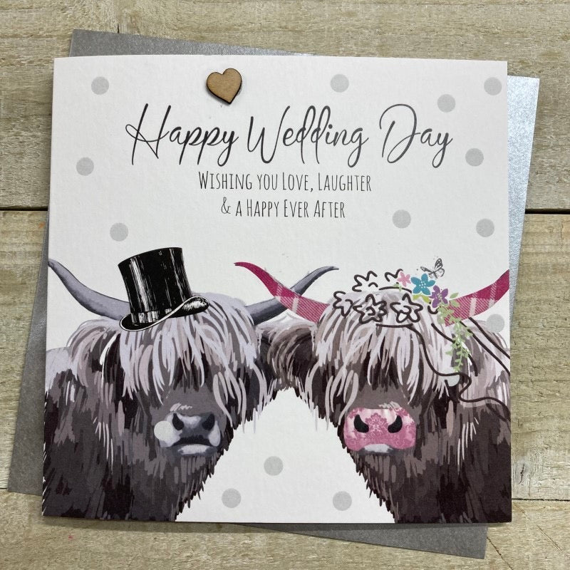 Wedding Day Highland Cows Card - White Cotton Cards