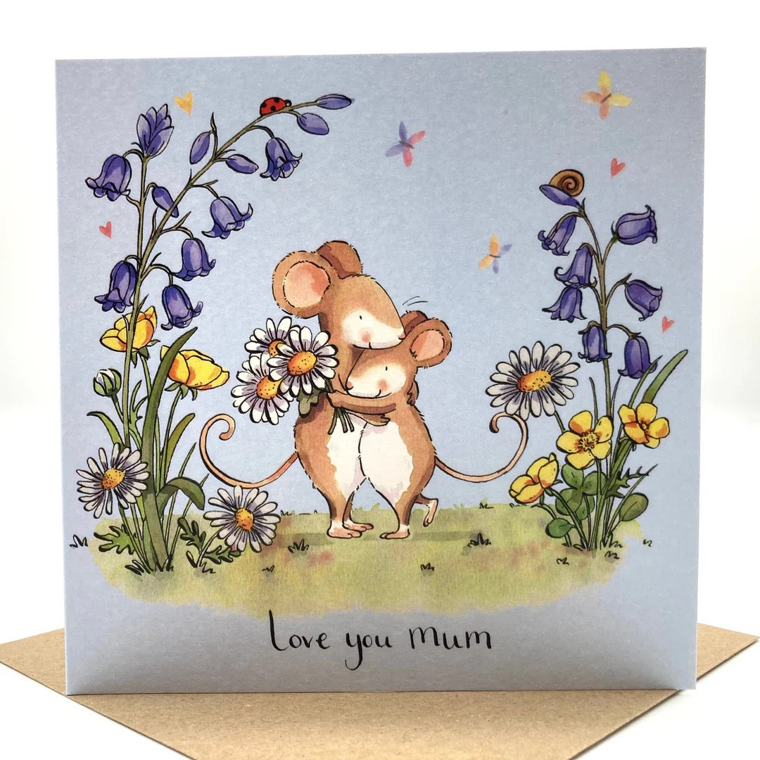 Love You Mum Mouse and Flowers Blank Card - Ink and Snail