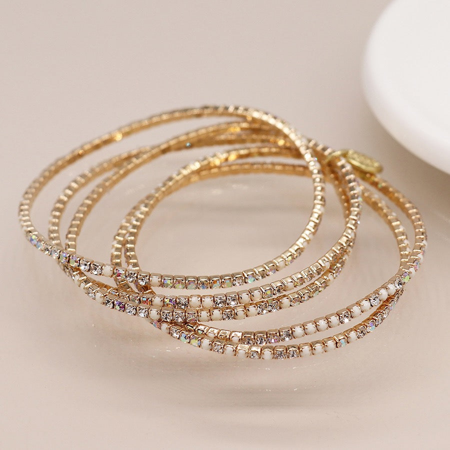 POM Faux Gold Plated White/AB Multi Crystal 5 Bracelet Stack