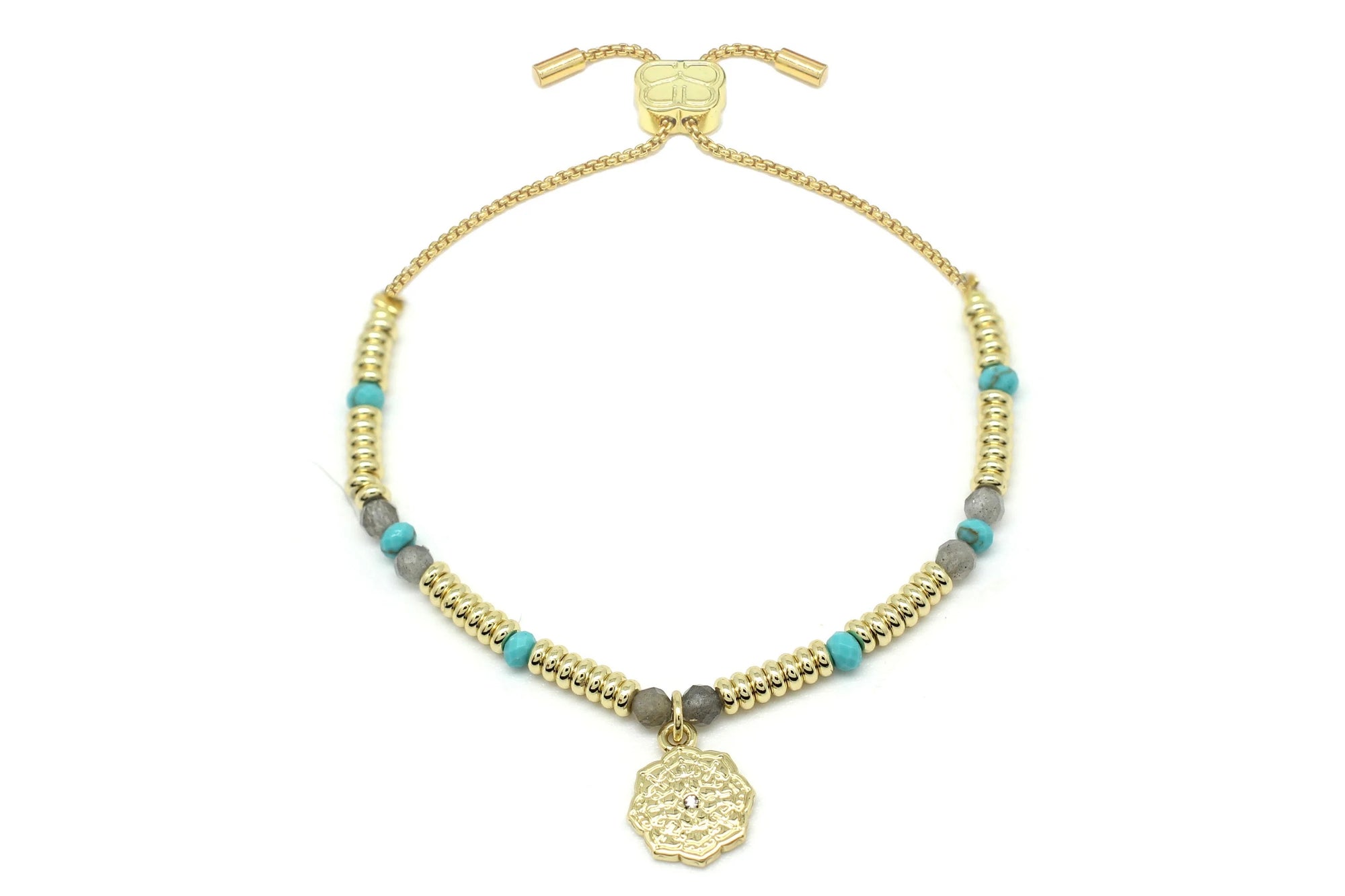 Boho Betty Bolus Turquoise & Labradorite Gold Adjustable Slider Bracelet