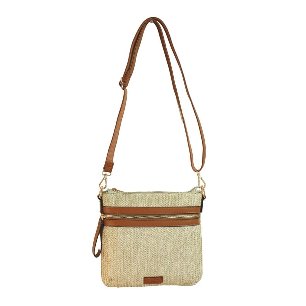 David Jones Woven Rattan Square Zip Front Crossbody Bag (7051-6)- Natural/Cognac Tan