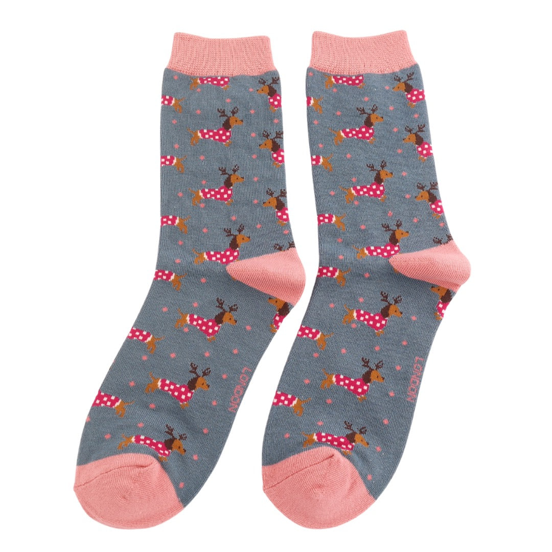 Miss Sparrow Bamboo Ankle Socks - Christmas Sausage Dogs - Denim Blue