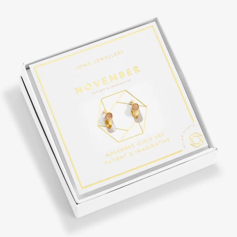 Joma Jewellery - 'November' Yellow Quartz Birthstone Gold Huggie Hoop Earrings - Boxed
