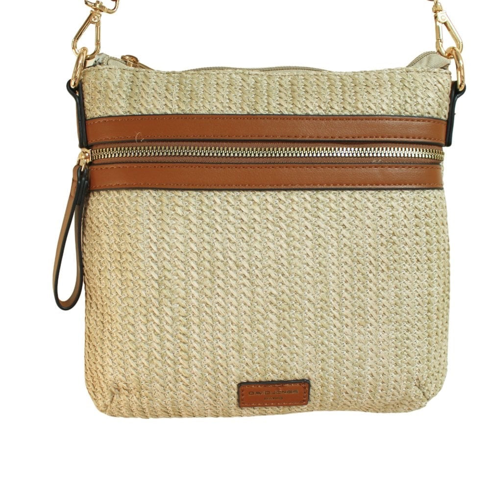 David Jones Woven Rattan Square Zip Front Crossbody Bag (7051-6)- Natural/Cognac Tan