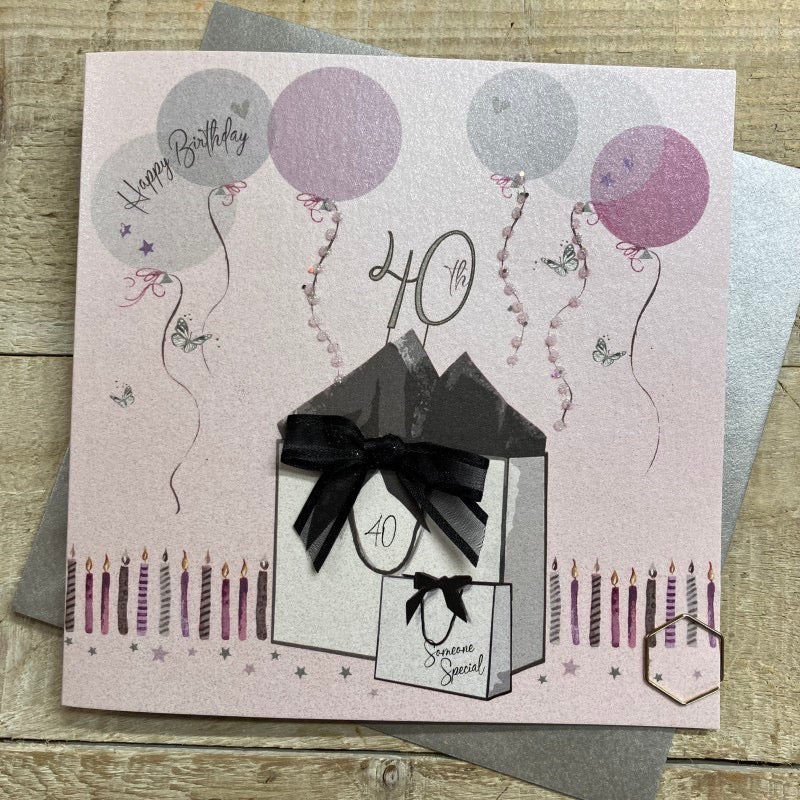 Happy 40th Birthday Gift Bags & Balloons Blush Pink Card - White Cotton Cards