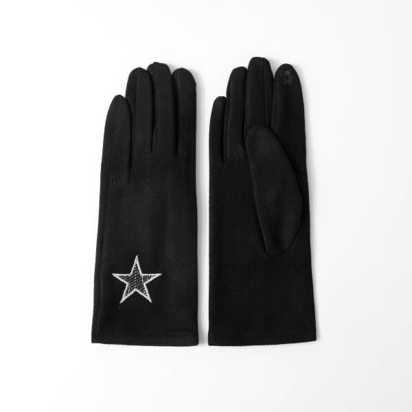 Butterfly Black Faux Suede Gloves with Embroidered Large Star Print