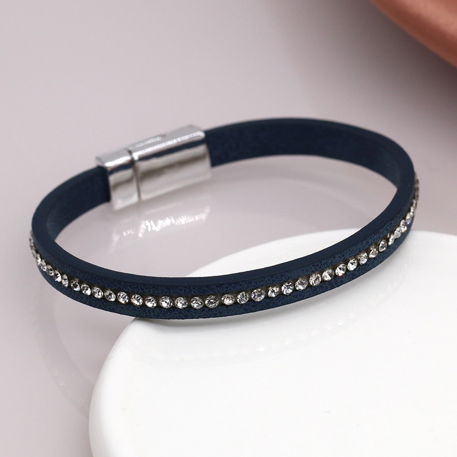 POM Teal Blue Leather & Crystal Slimline Magnetic Bracelet
