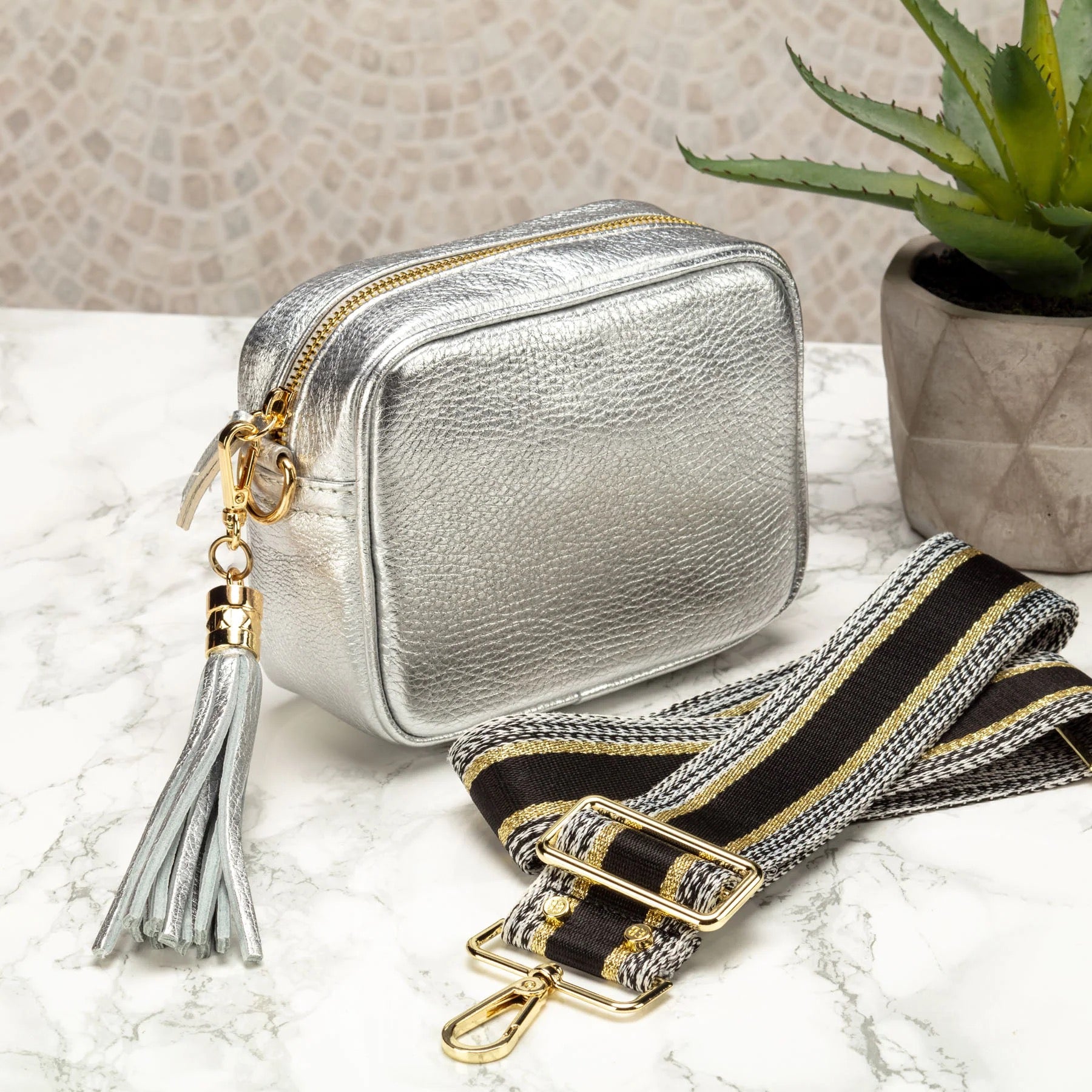 Elie Beaumont Designer METALLIC BLACK/ GOLD STRIPE Adjustable Crossbody Bag Strap (GOLD Fittings)