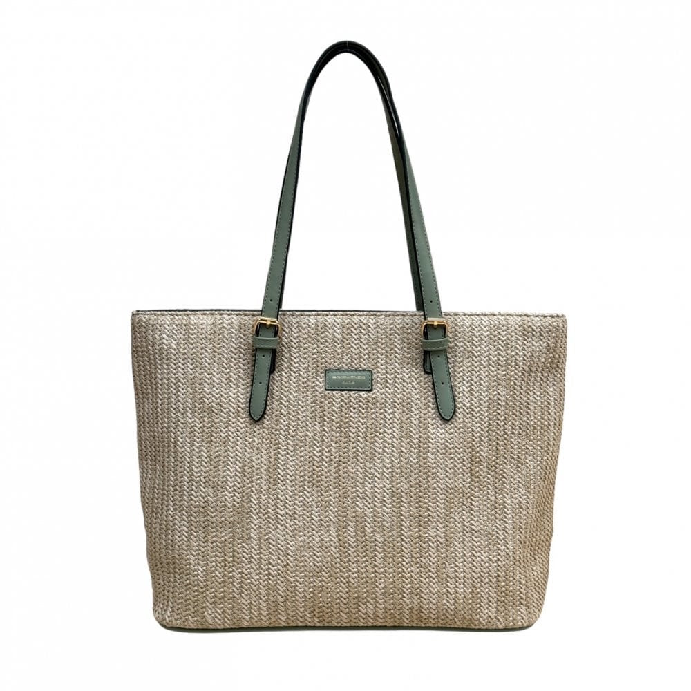 David Jones Woven Rattan Shoulder Large Tote Bag - Natural/Sage Green (7051-5)