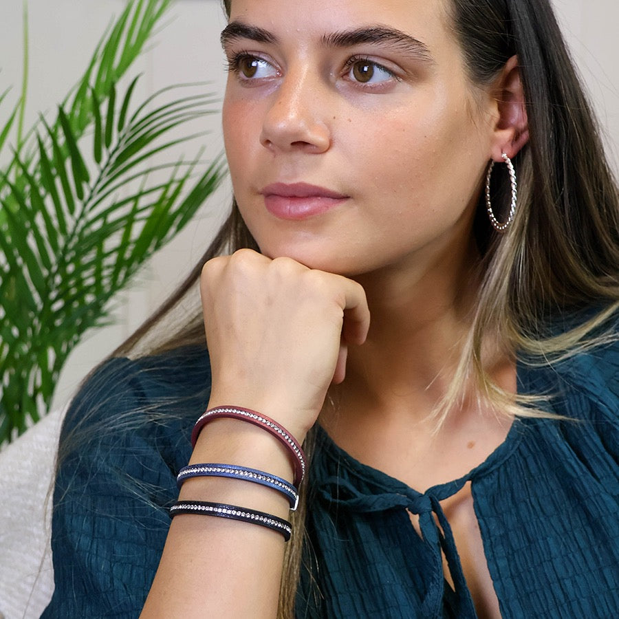 POM Teal Blue Leather & Crystal Slimline Magnetic Bracelet