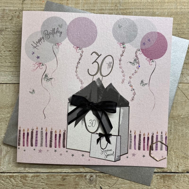 Happy 30th Birthday Gift Bags & Balloons Blush Pink Card - White Cotton Cards