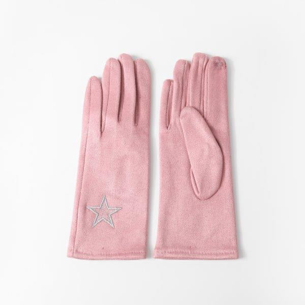 Butterfly Pink Faux Suede Gloves with Embroidered Large Star Print