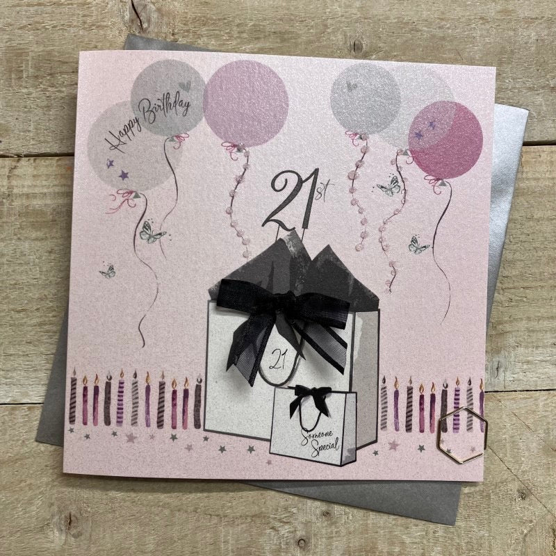 Happy 21st Birthday Gift Bags & Balloons Blush Pink Card - White Cotton Cards