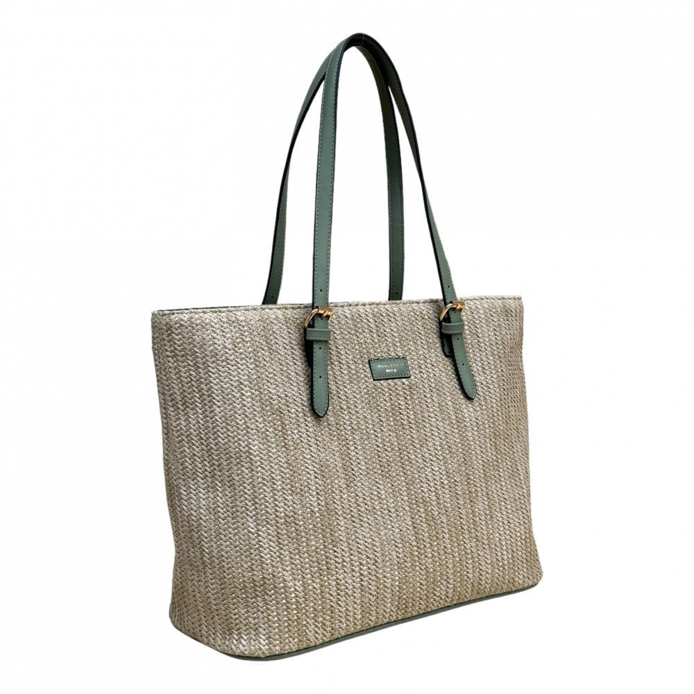 David Jones Woven Rattan Shoulder Large Tote Bag - Natural/Sage Green (7051-5)