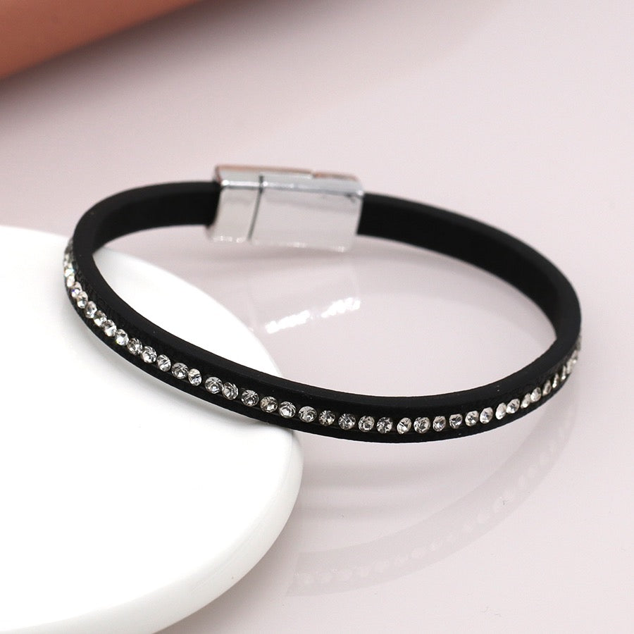 POM Slimline Crystal & Black Leather Silver Magnetic Bracelet