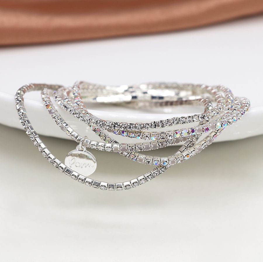 POM Silver Plated Clear Crystal Set of 5 Stretch Bracelets