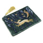 POM Midnight Green Velvet Leaping Hare Embroidered Small Zip Pouch with Tassel
