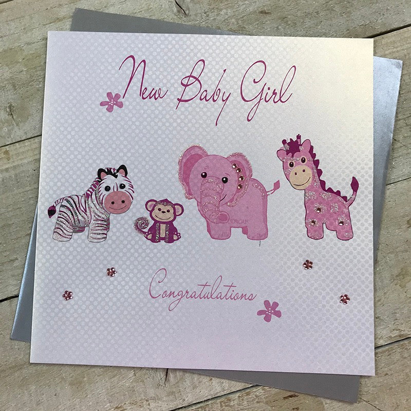 New Baby Congratulations Pink Animals Card - White Cotton Cards