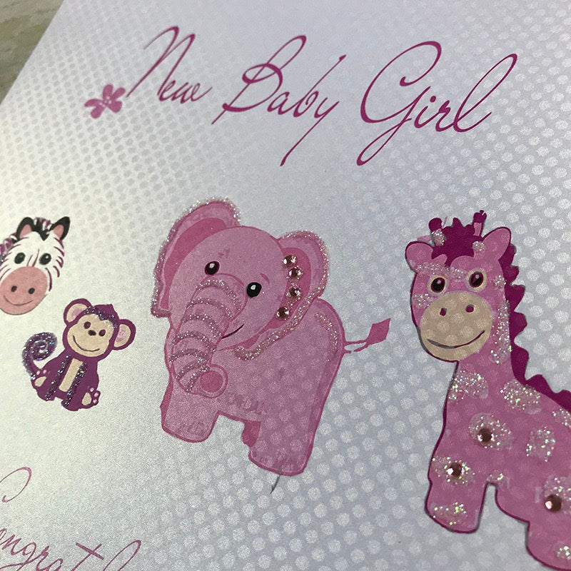 New Baby Congratulations Pink Animals Card - White Cotton Cards