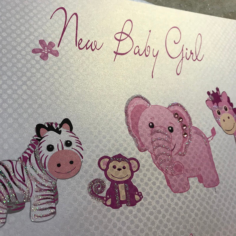 New Baby Congratulations Pink Animals Card - White Cotton Cards