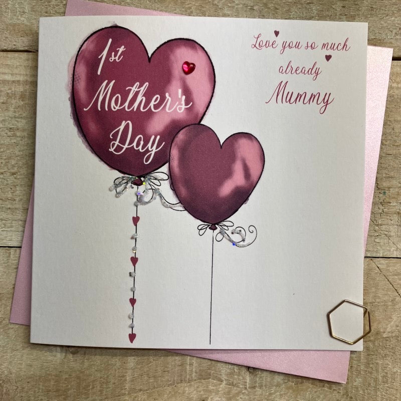1st Mother's Day Pink Heart Balloons Card - White Cotton Cards