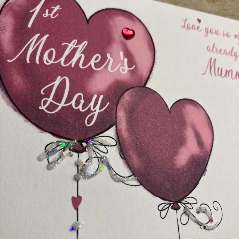 1st Mother's Day Pink Heart Balloons Card - White Cotton Cards