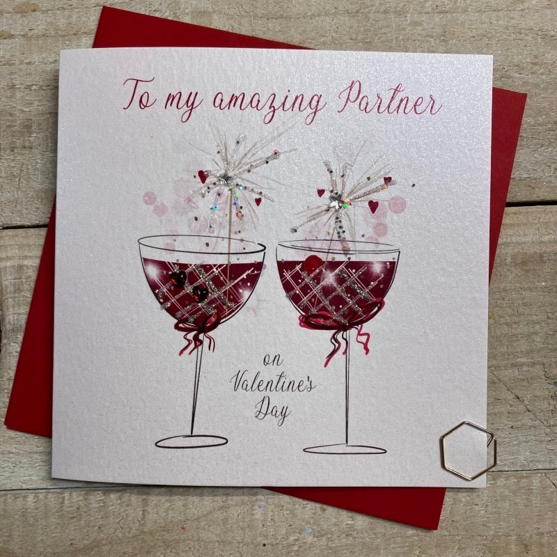 To my Amazing Partner on Valentine's Day Sparkling Glasses Card - White Cotton Cards