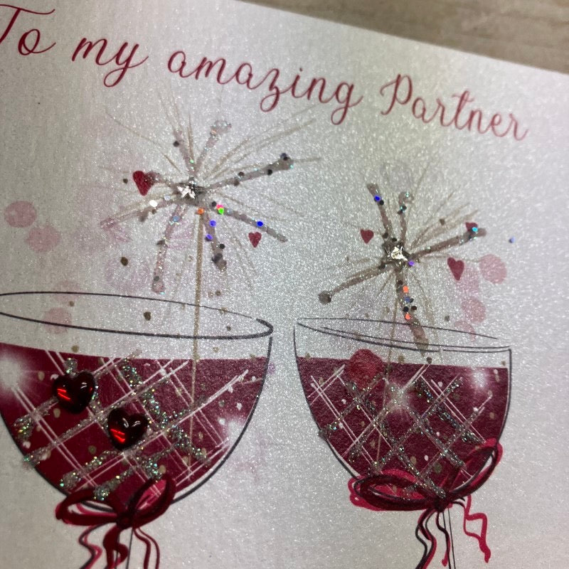 To my Amazing Partner on Valentine's Day Sparkling Glasses Card - White Cotton Cards