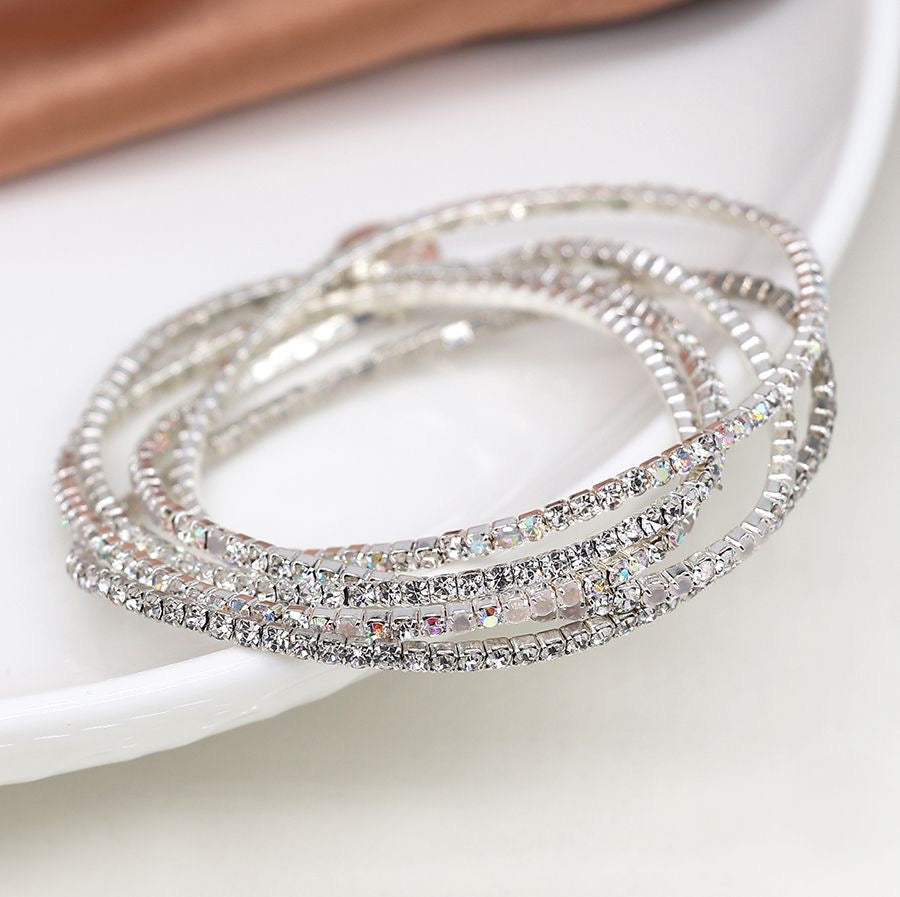 POM Silver Plated Clear Crystal Set of 5 Stretch Bracelets
