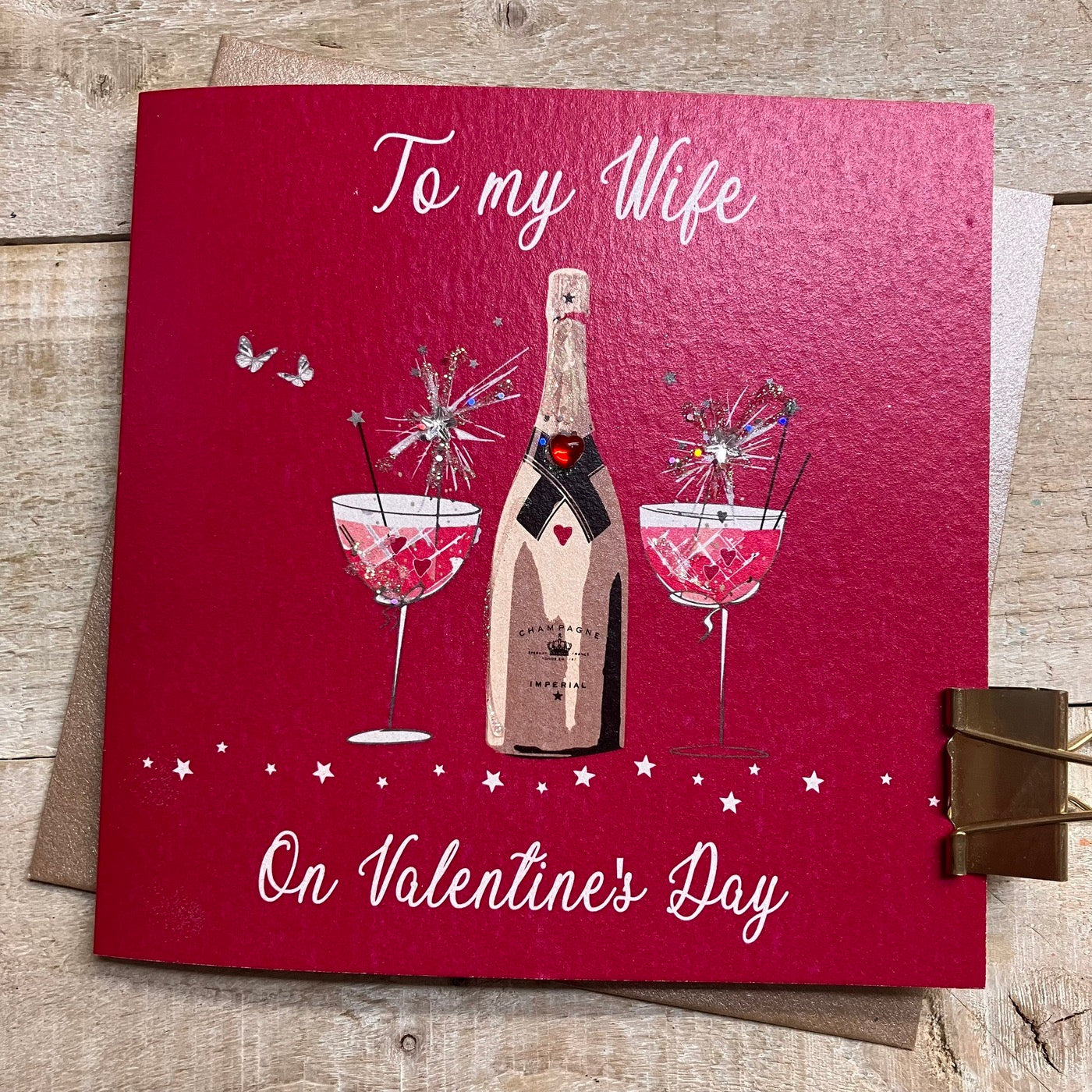 Wife Valentine's Day Glasses & Champagne Red Card - White Cotton Cards