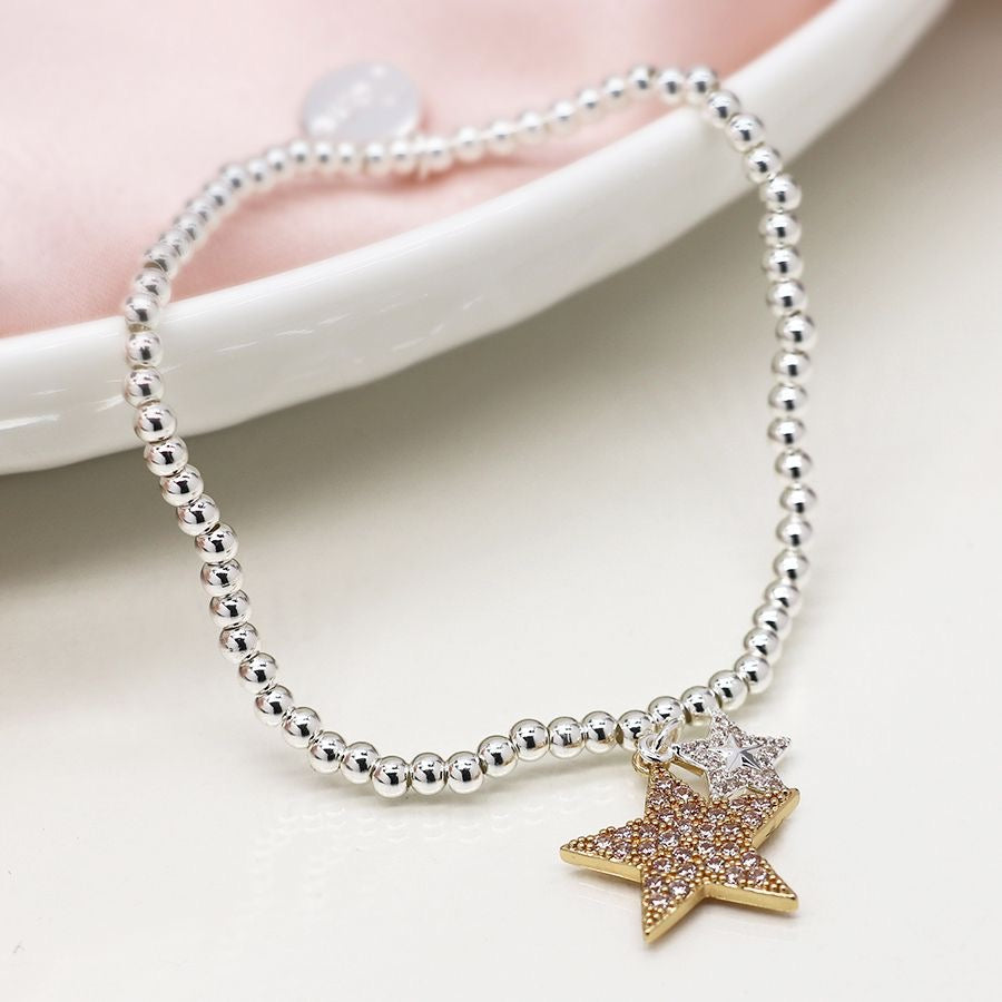 POM Faux Gold & Silver Plated Crystal Inset Double Star Stretch Bracelet
