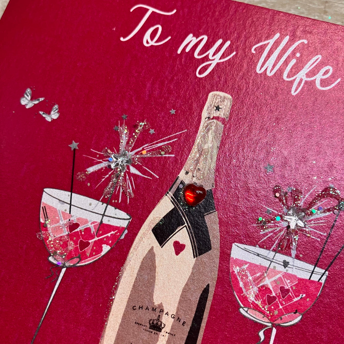 Wife Valentine's Day Glasses & Champagne Red Card - White Cotton Cards