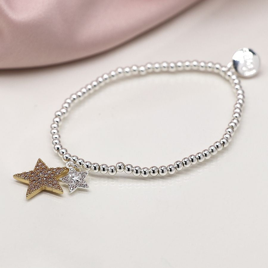 POM Faux Gold & Silver Plated Crystal Inset Double Star Stretch Bracelet